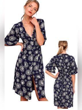 Lulus Somedays Lovin' Glimmering Nights Navy Blue Print Shirt Dress Size L